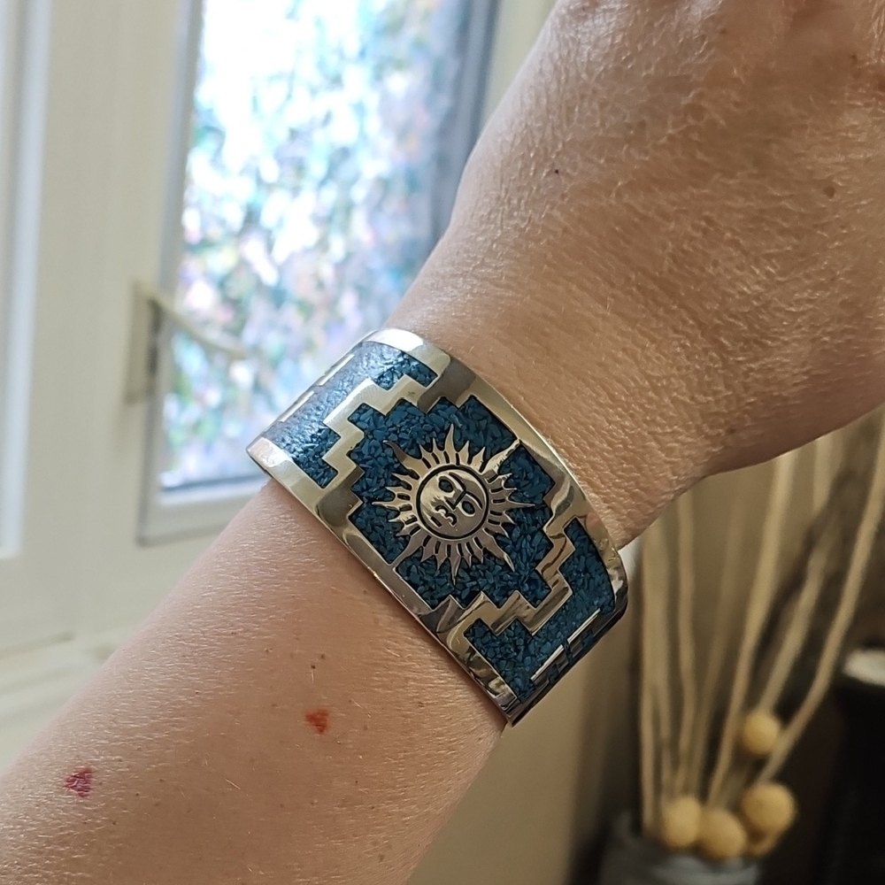 Turquoise Sun Inlay Cuff Bracelet - Blue Turquoise Design - Picture 6 of 8